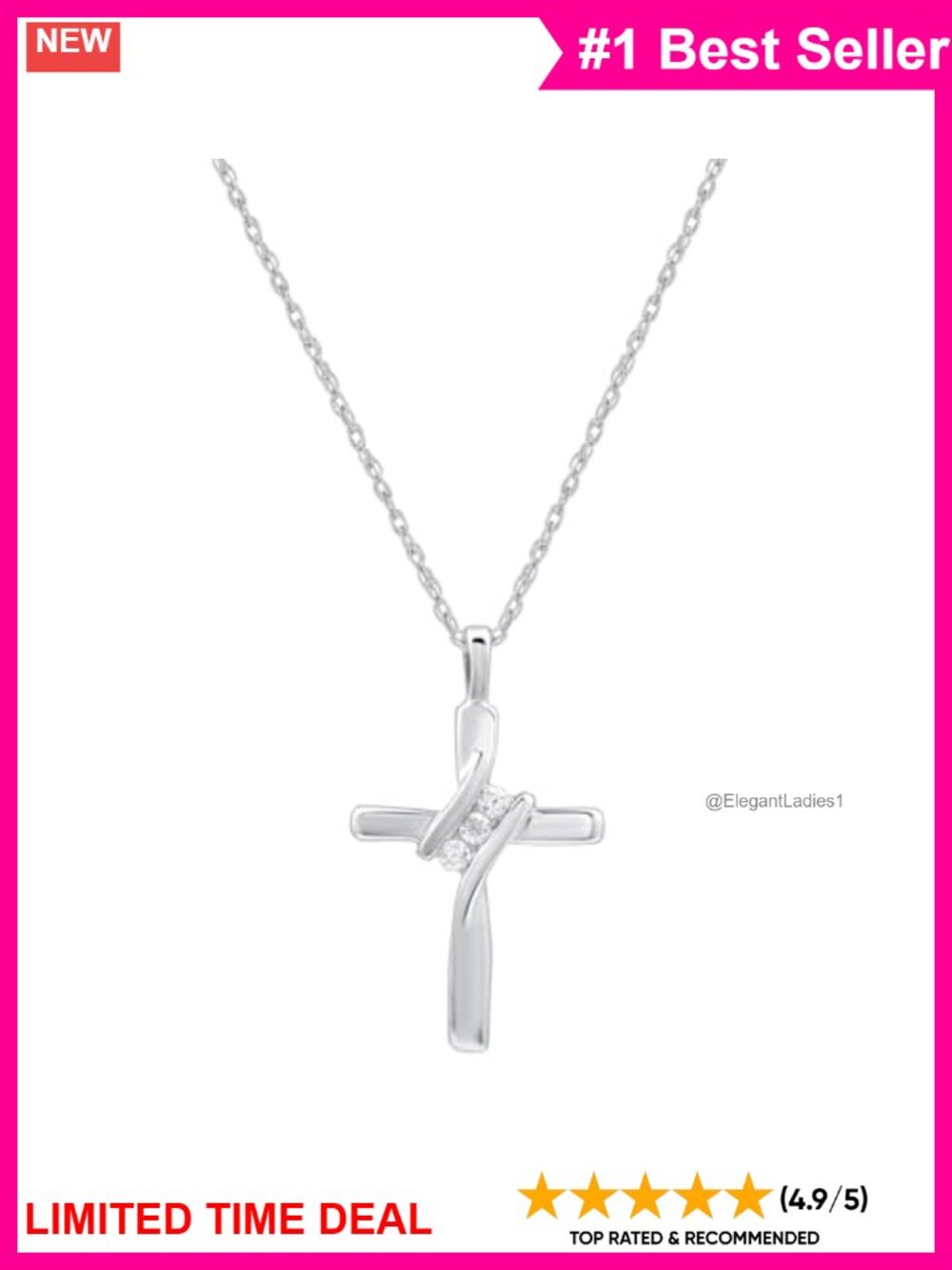 10K White Gold Cross Pendant Necklace Natural Diamond 3 Stone 18in